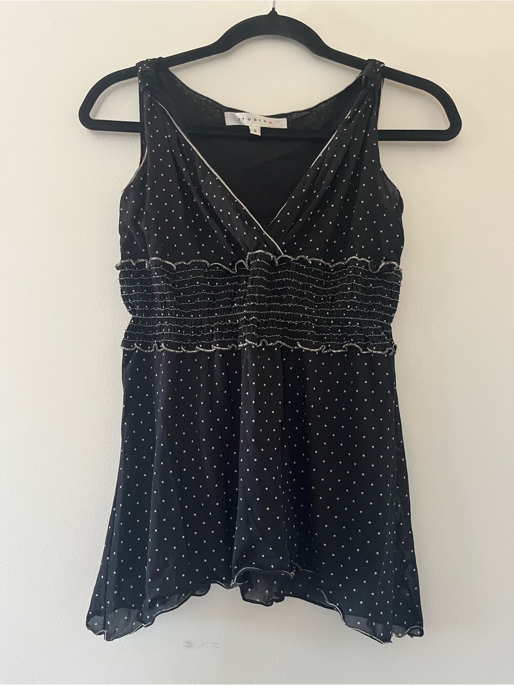 Vintage Black Polka Dot Babydoll Top Small Sleeveless Empire Waist 2000s